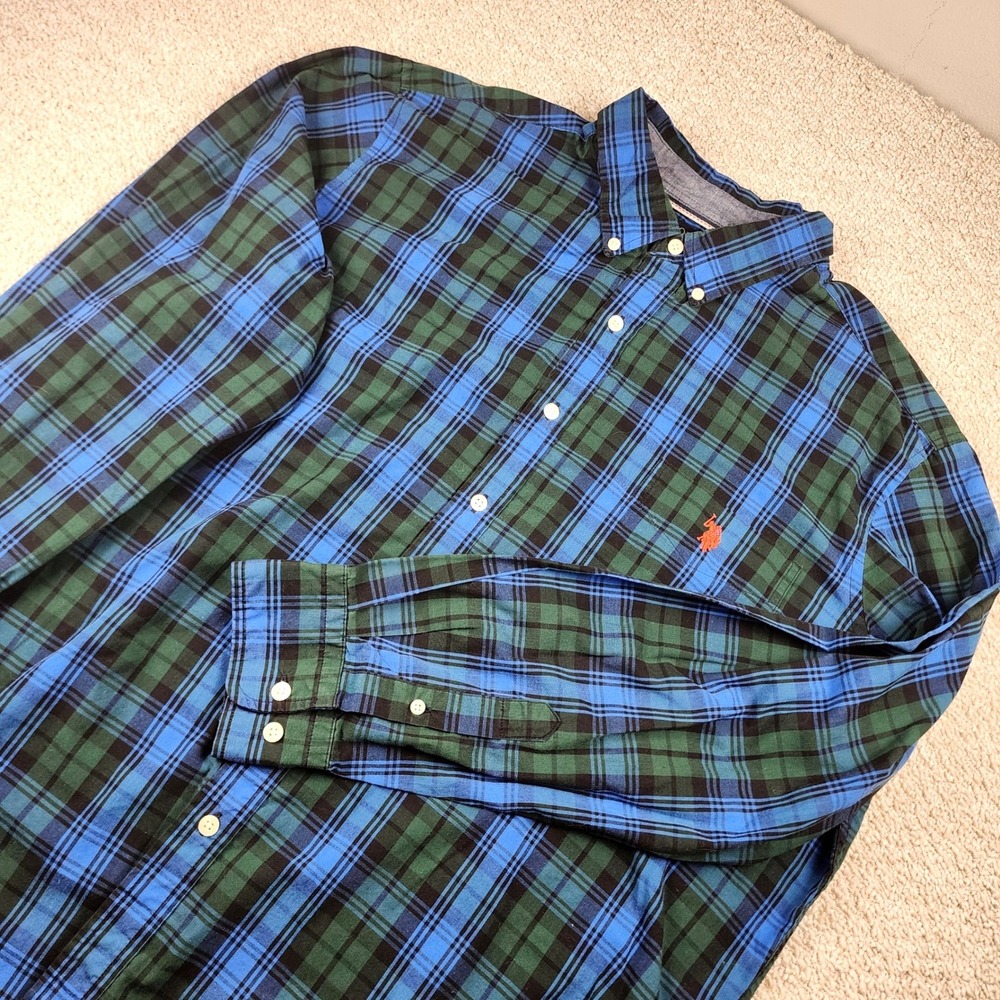 US Polo Assn Shirt Mens XXL Plaid Button Down Long Slv Cotton Blend Blue Green